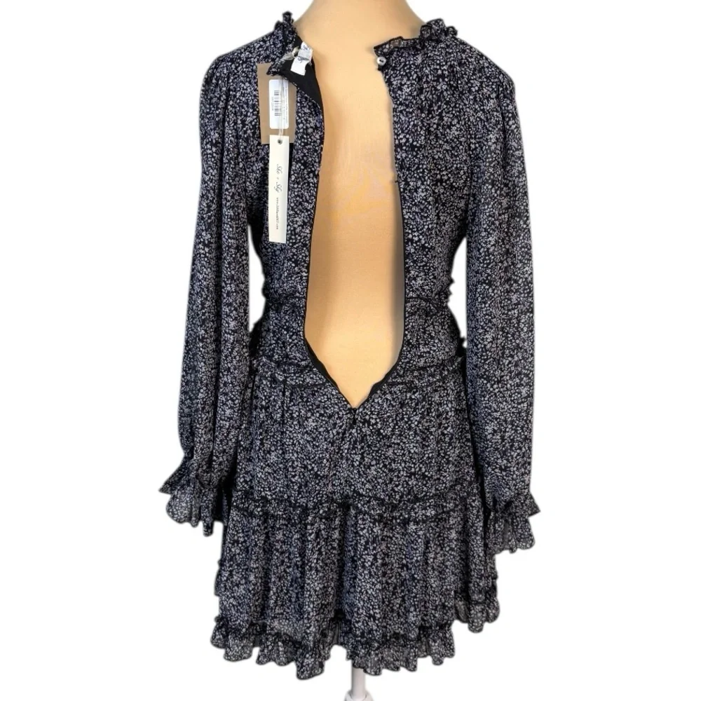 NWT She + Sky Spring Time Floral Mini Dress Small Black Lavender Ruffle V Neck